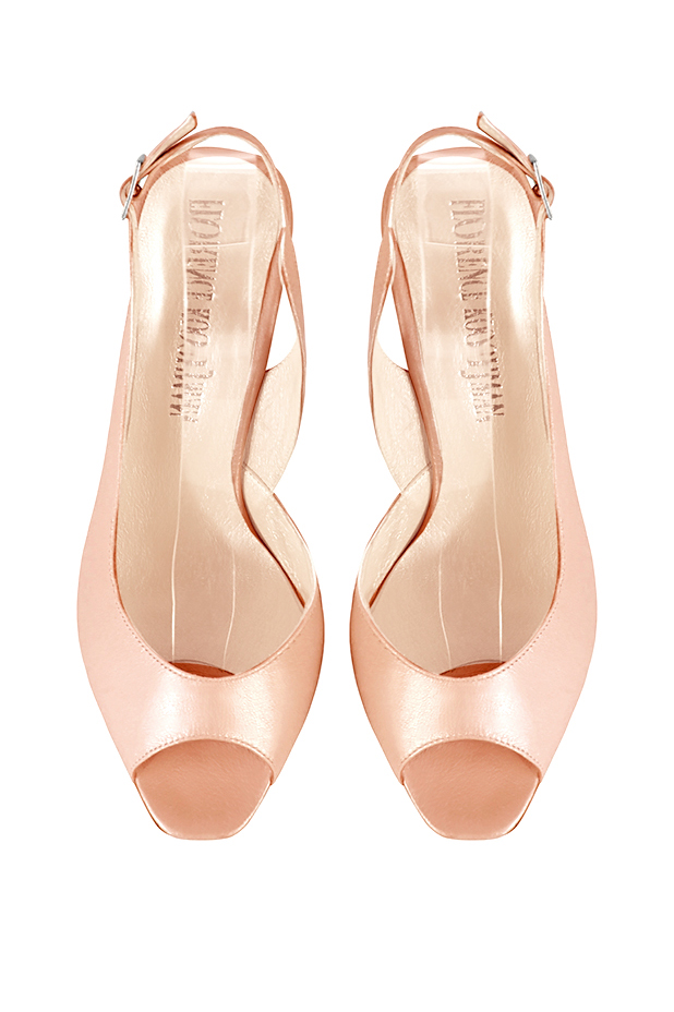 Powder pink women's slingback sandals. Square toe. High slim heel. Top view - Florence KOOIJMAN